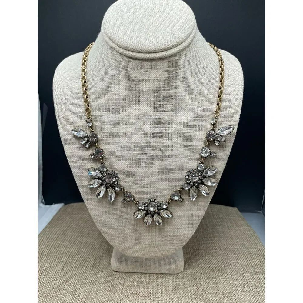 Vintage J. Crew Brilliant Faceted Rhinestone Antiqued Gold Necklace 23" Stateme